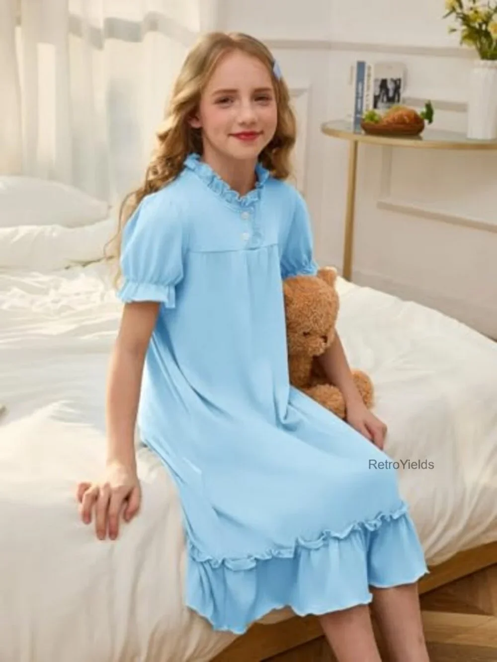 Girls Puff Short Sleeve Ruffle Collar Nightgown Soft Sleepwear 61% Polyester